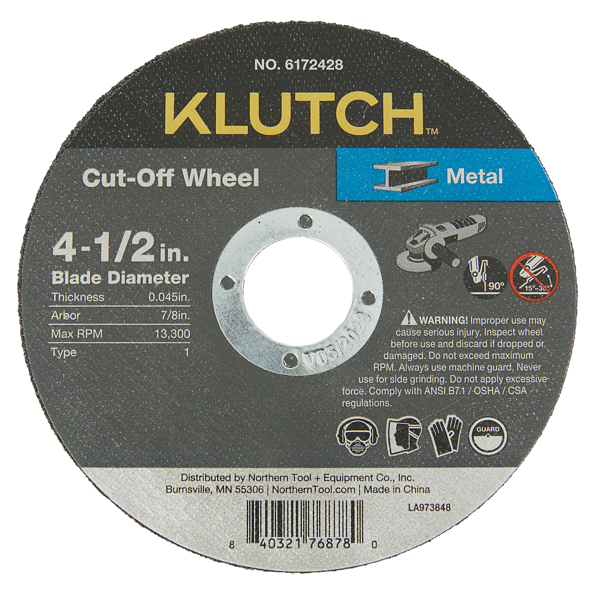 Klutch Metal Cutoff Wheel, 4-1/2in. x 0.045in. x 7/8in., Type 1